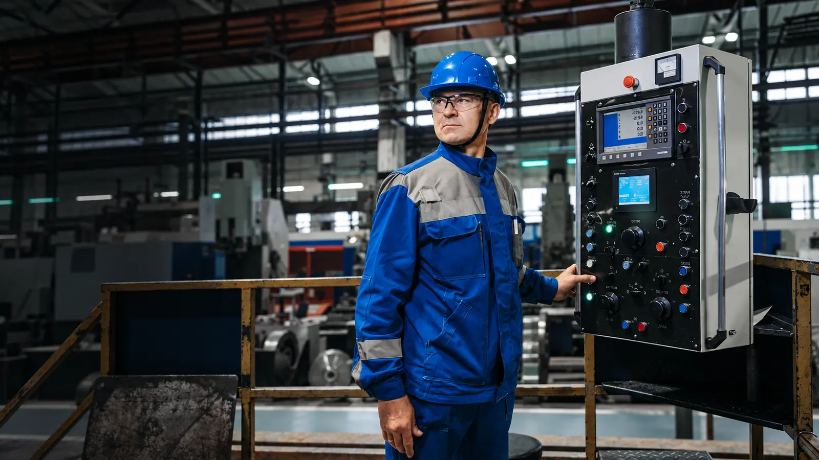 Automation technician operating an industrial machine control station