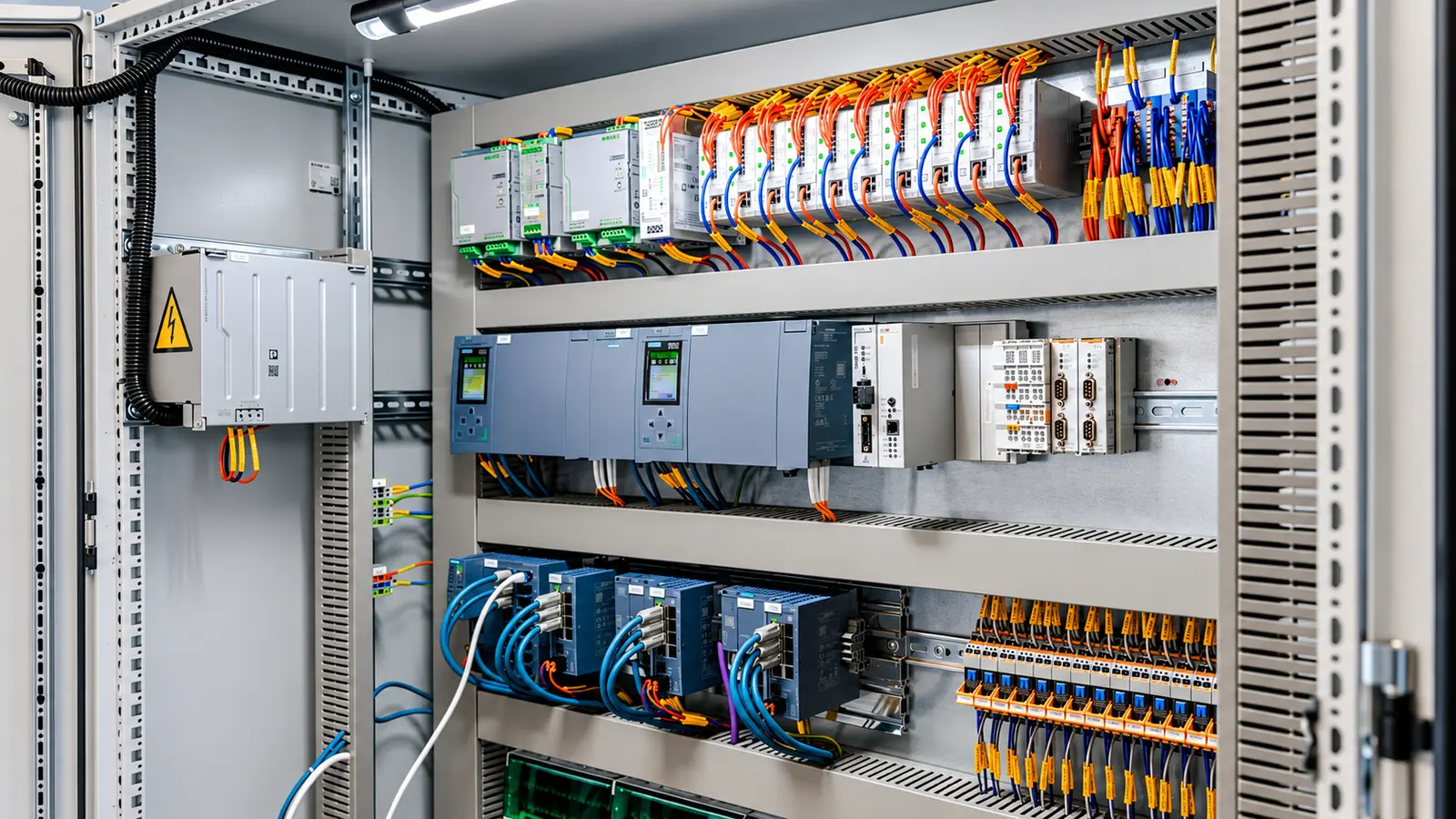Organized industrial control cabinet with PLC hardware and labeled wiring