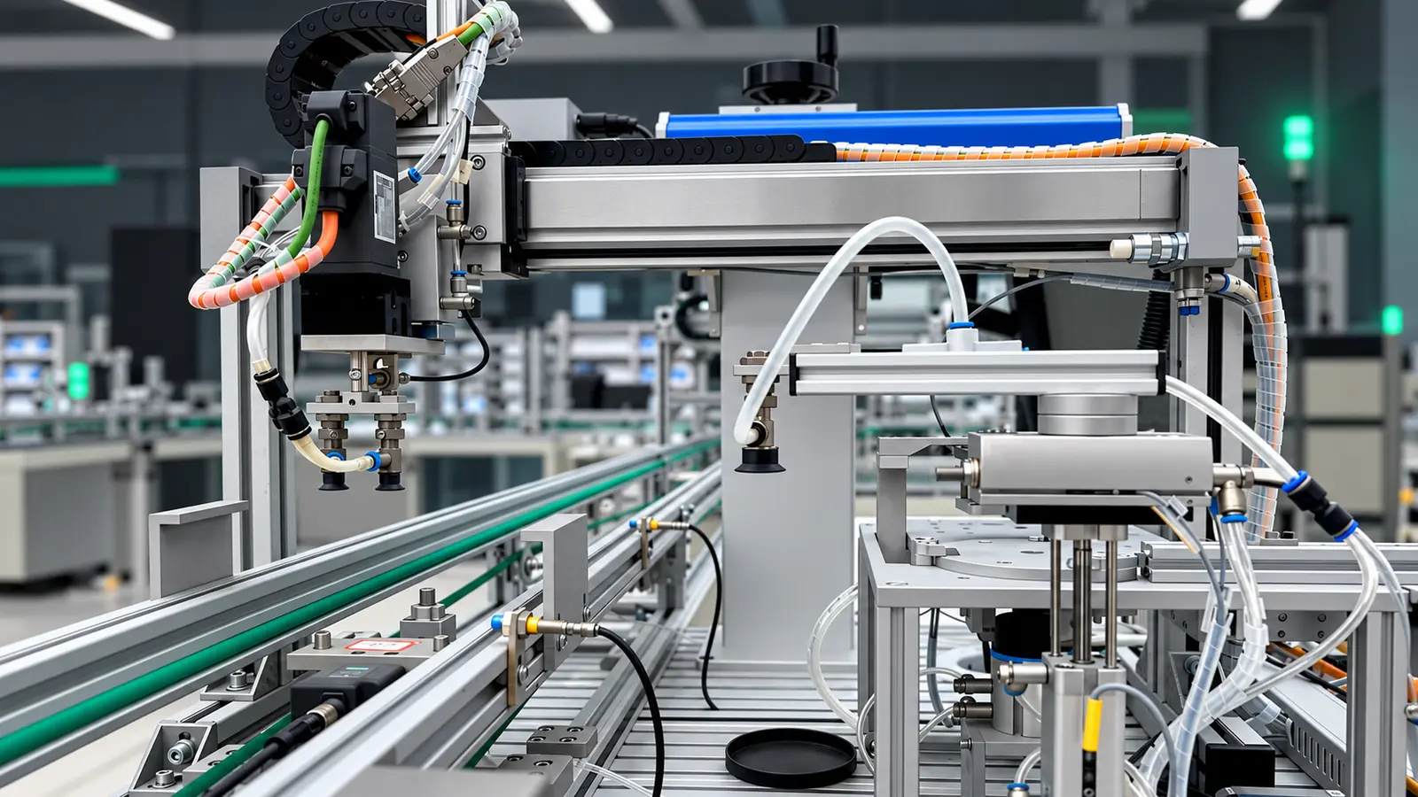Custom automated machine with modular framing, conveyor, sensors, and pneumatic components