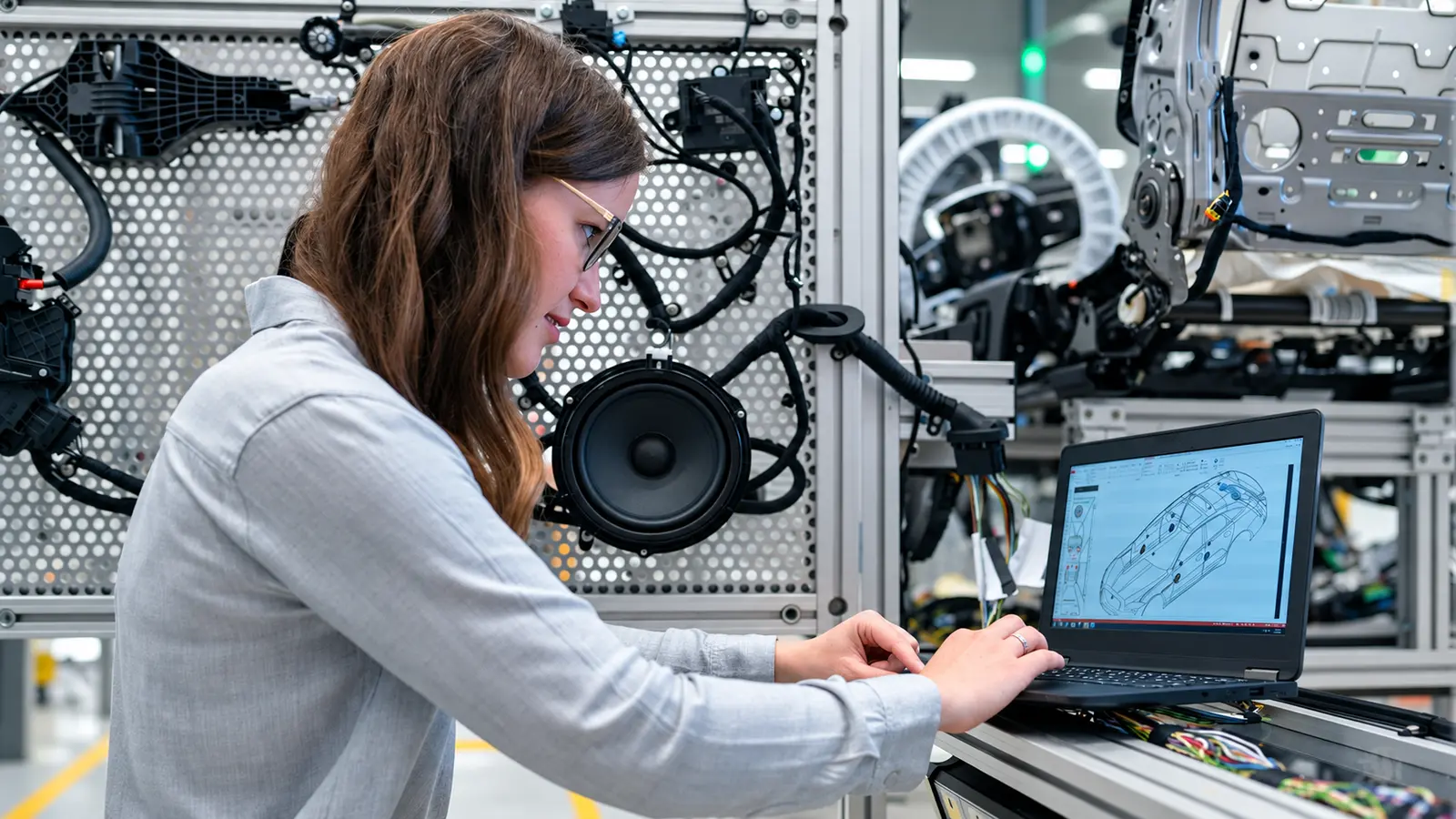 Engineer using a laptop while commissioning industrial equipment