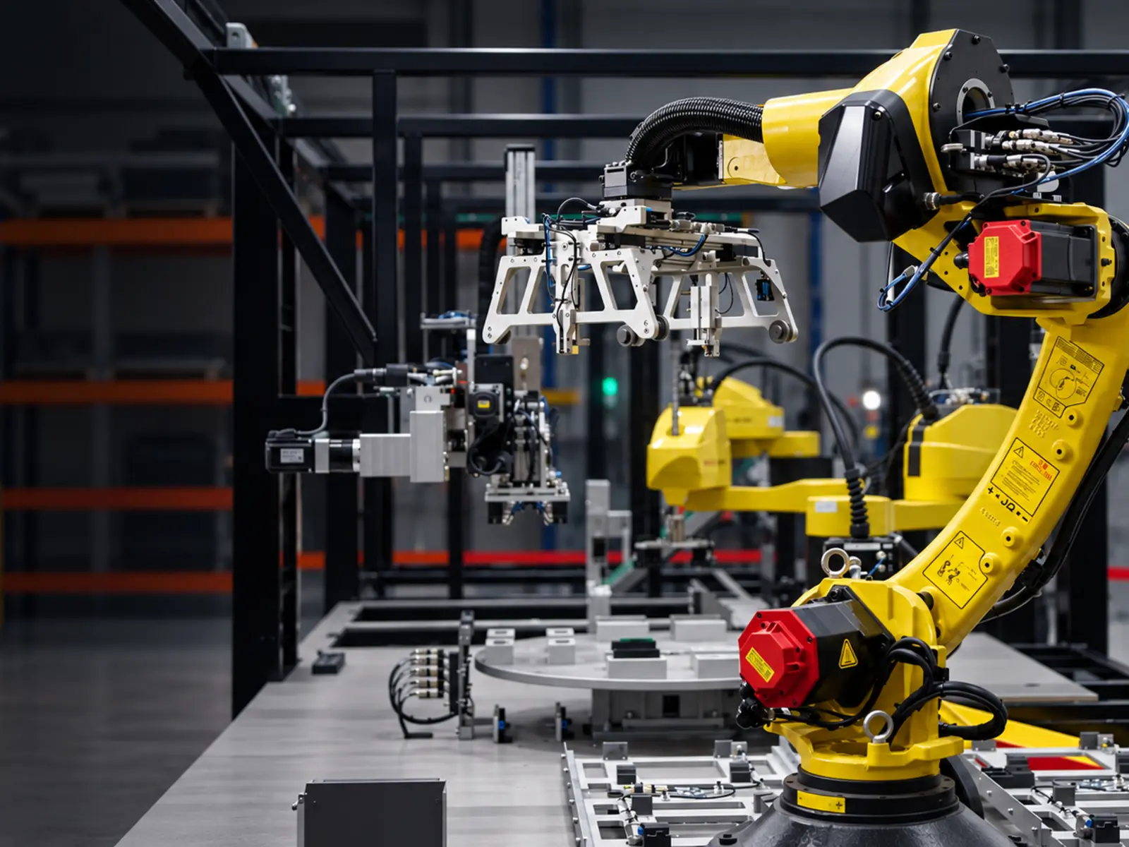 Industrial robotic work cell with a yellow six-axis robot and automated tooling