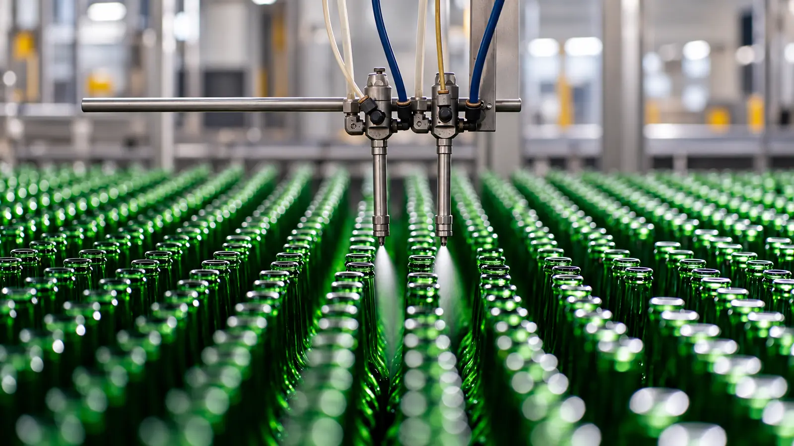 Automated beverage filling line processing rows of green glass bottles