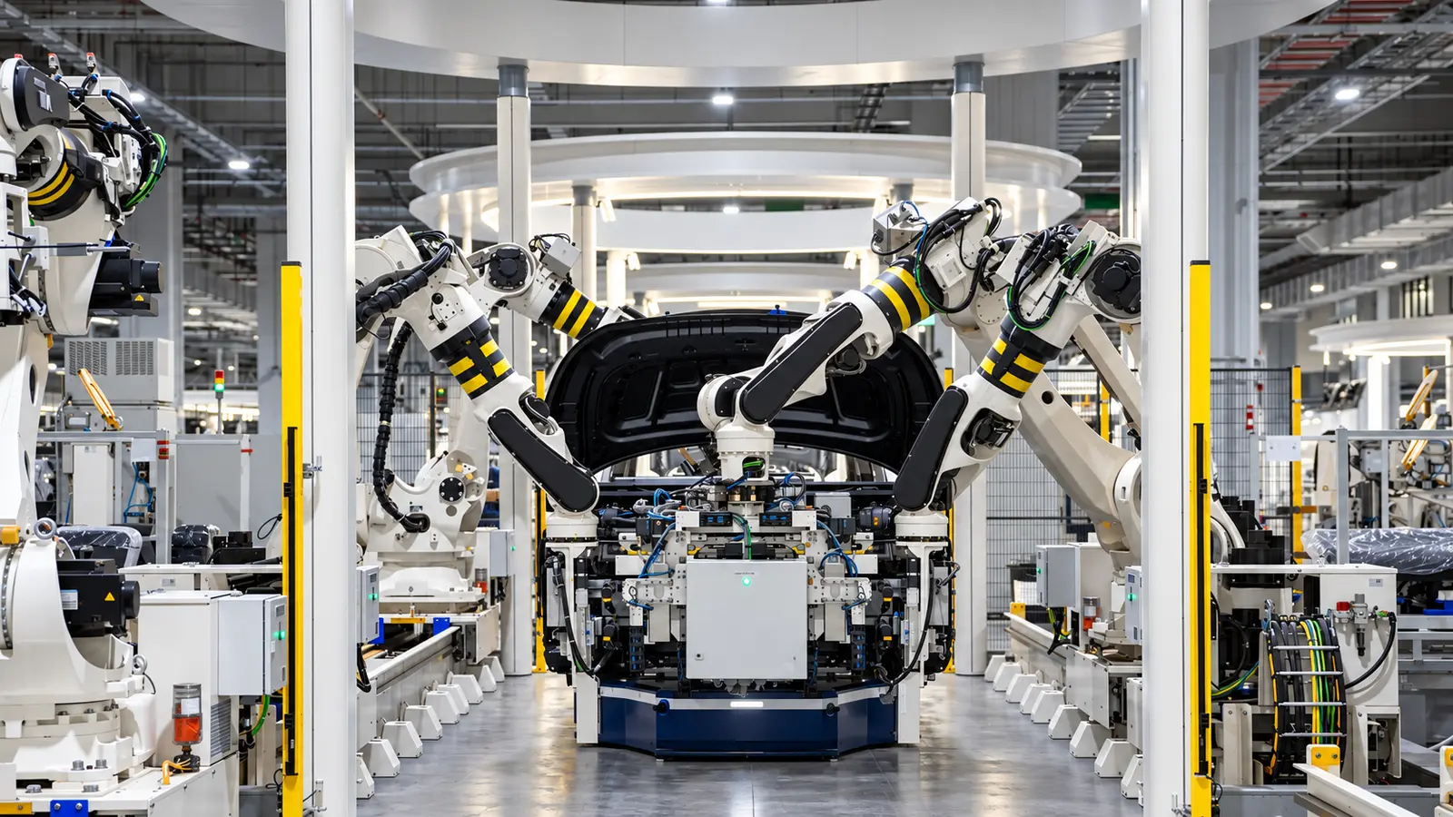 Automotive manufacturing line with multiple industrial robots assembling a vehicle