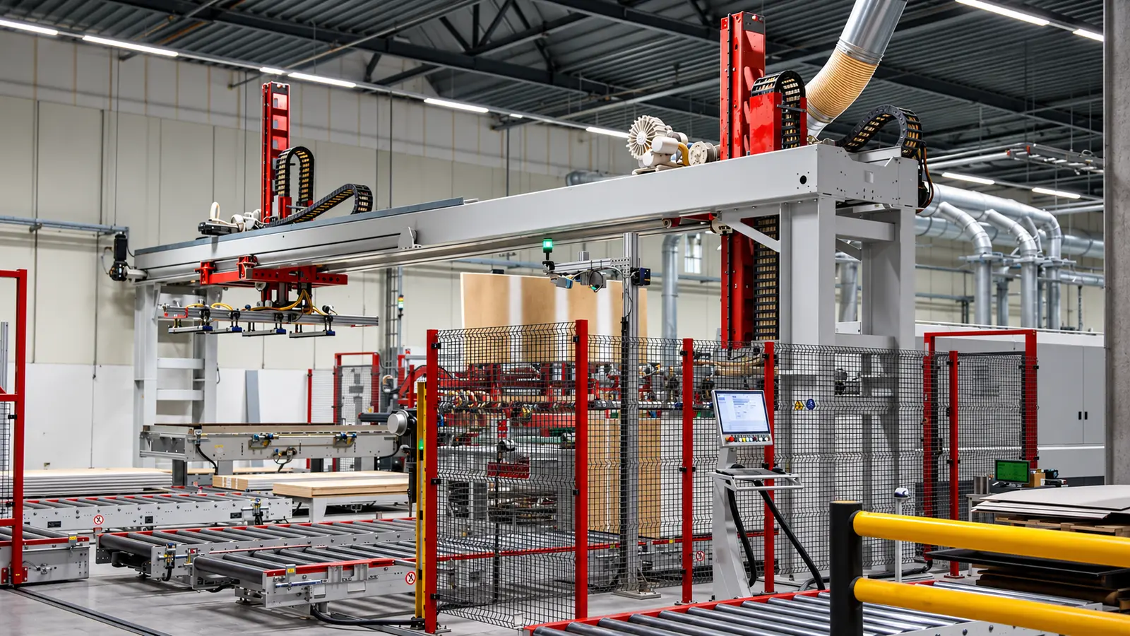 Automated gantry and conveyor system moving materials through a production cell