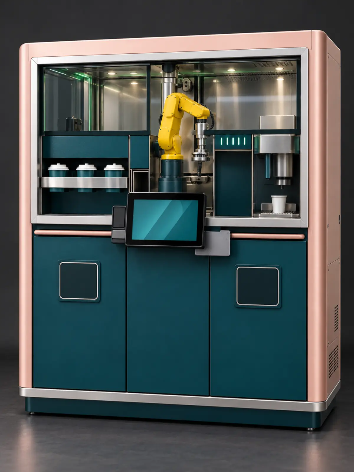 Qafina robotic beverage kiosk concept with an enclosed yellow robot and customer touchscreen