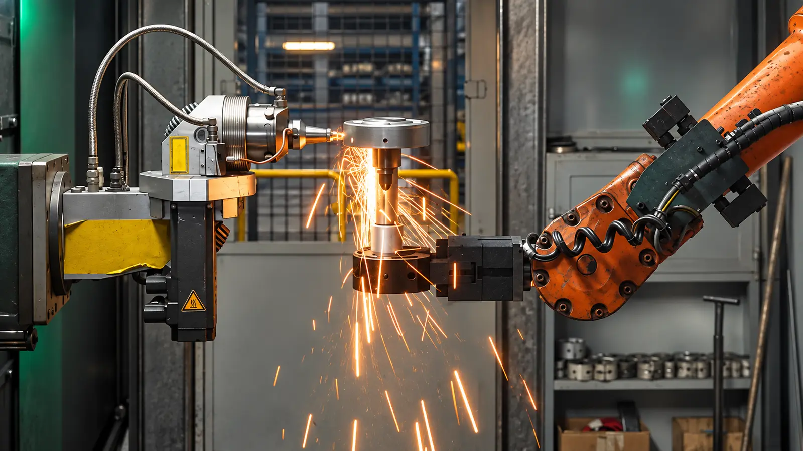 Industrial robot performing an automated metal-processing operation
